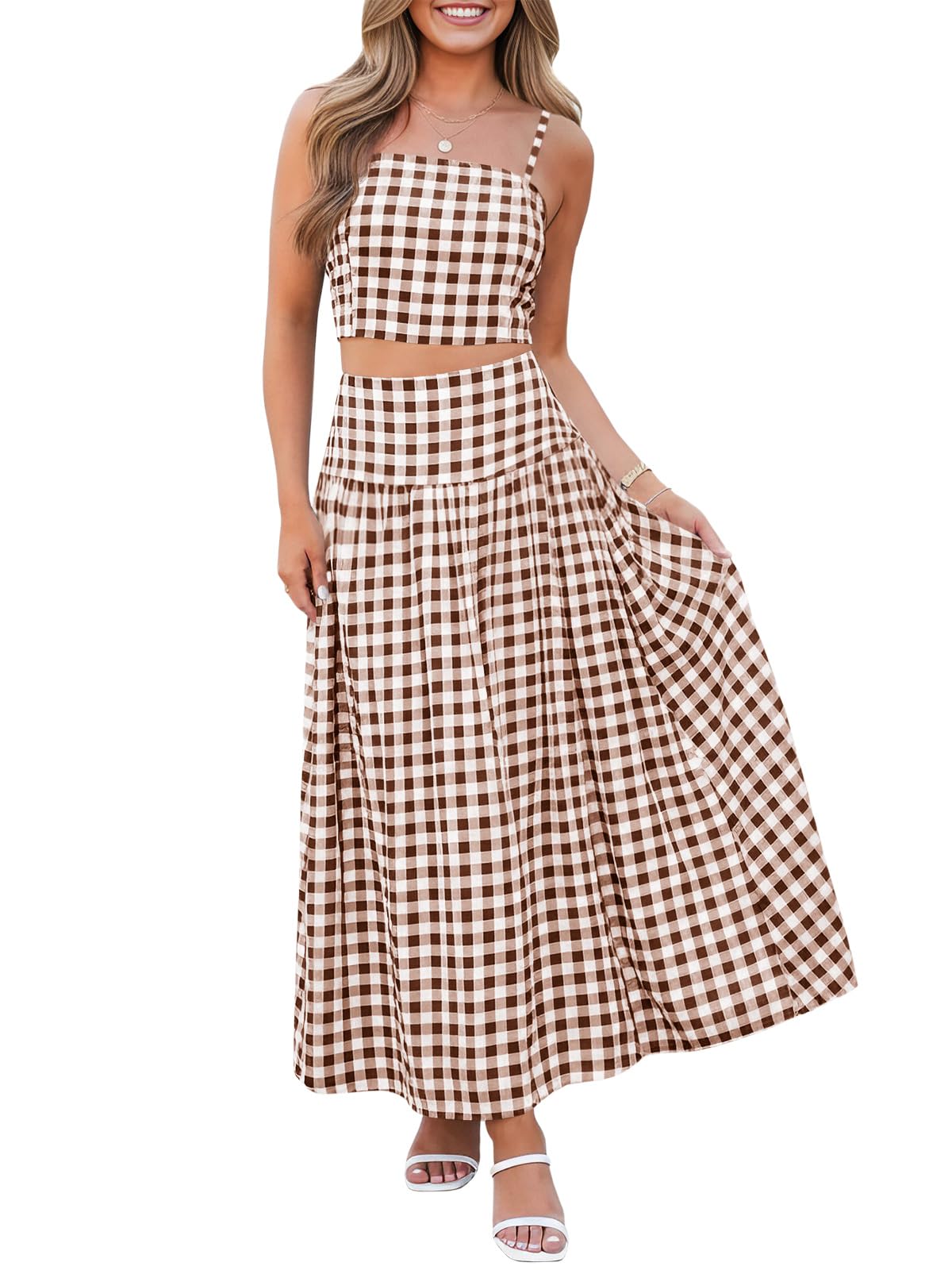 Wenrine Womens 2 Piece Skirt Sets Summer Gingham Crop Tops Midi Skirt
