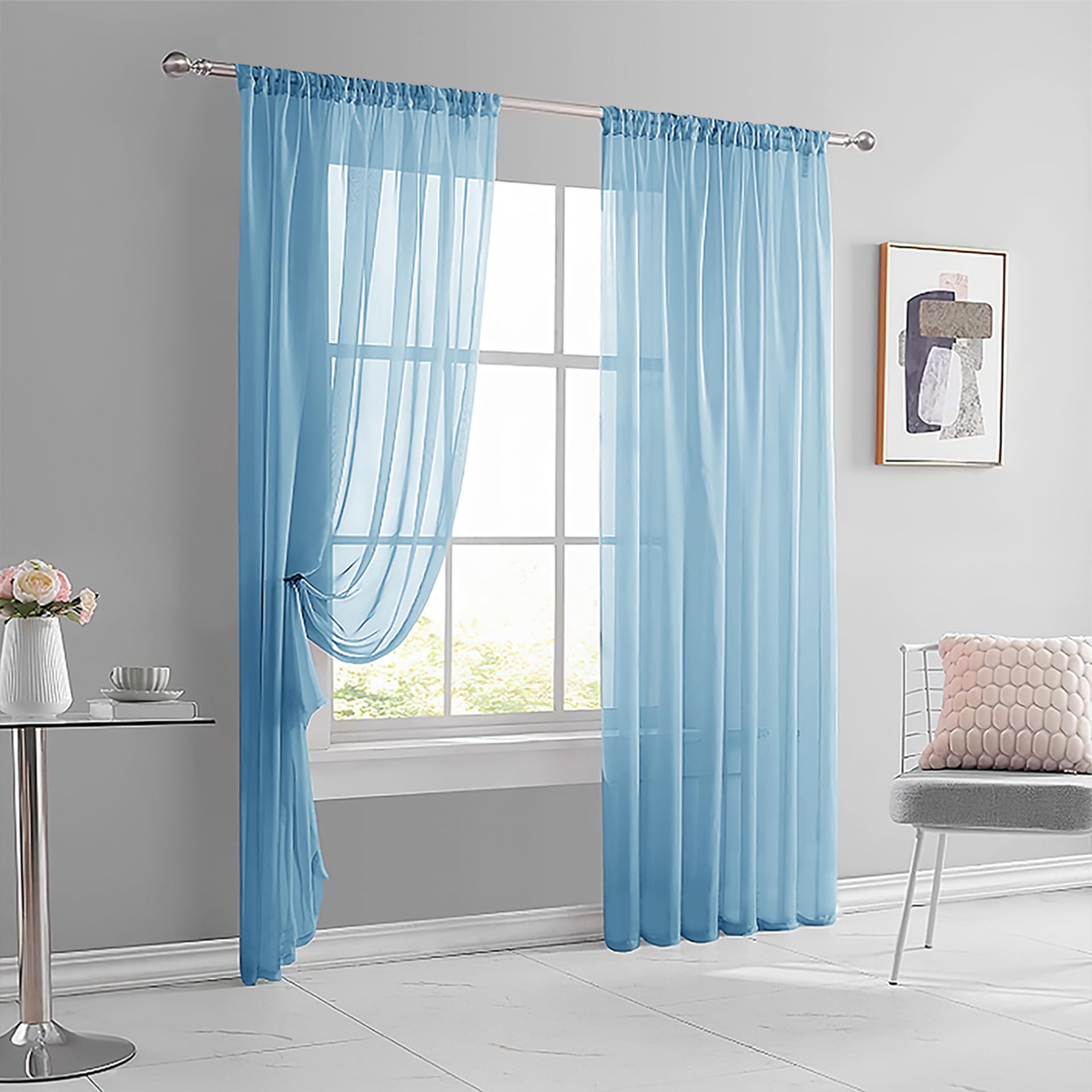 AMZYU Net Curtains for Windows 260 x 195 cm Semi Transparent Sheer Curtains Short Wrinkle Resistant Solid Colour, Privacy Protected for Bedroom and Kitchen, Sky Blue