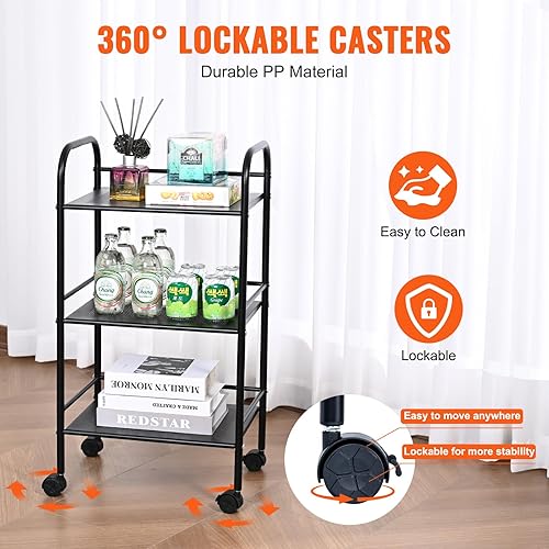 Miniatura 5 de VEVOR Carrito de metal de 3 niveles, carrito utilitario resistente con ruedas bloqueables, carrito de almacenamiento multifuncional con asa para