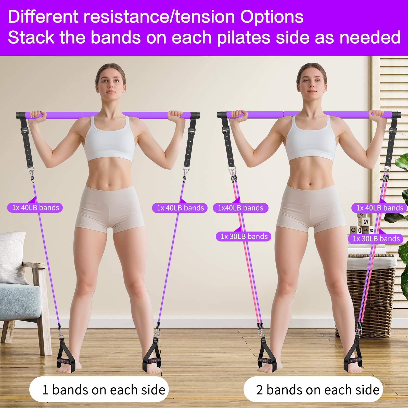 Bbtops Kit di barra di pilates con fasce di resistenza, barra di pilates con fasce impilabili, attrezzatura per allenamento per gambe, fianchi, vita e bracci, attrezzatura per il fitness per donne e