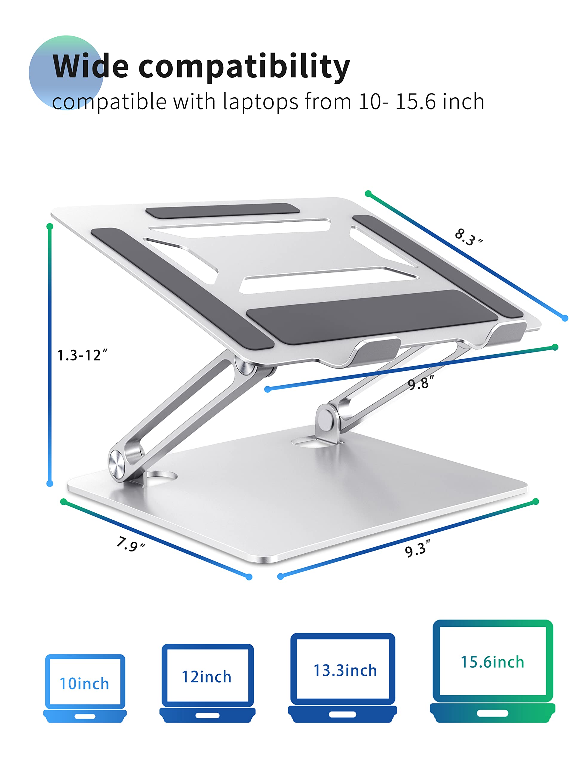 Condition photo showing New/Like New for soundance laptop stand for desk with stable heavy base, adjustable height multi-angle, ergonomic metal riser holder, foldable mount elevator, compatible with 10 to 15.6 inches pc computer, silver