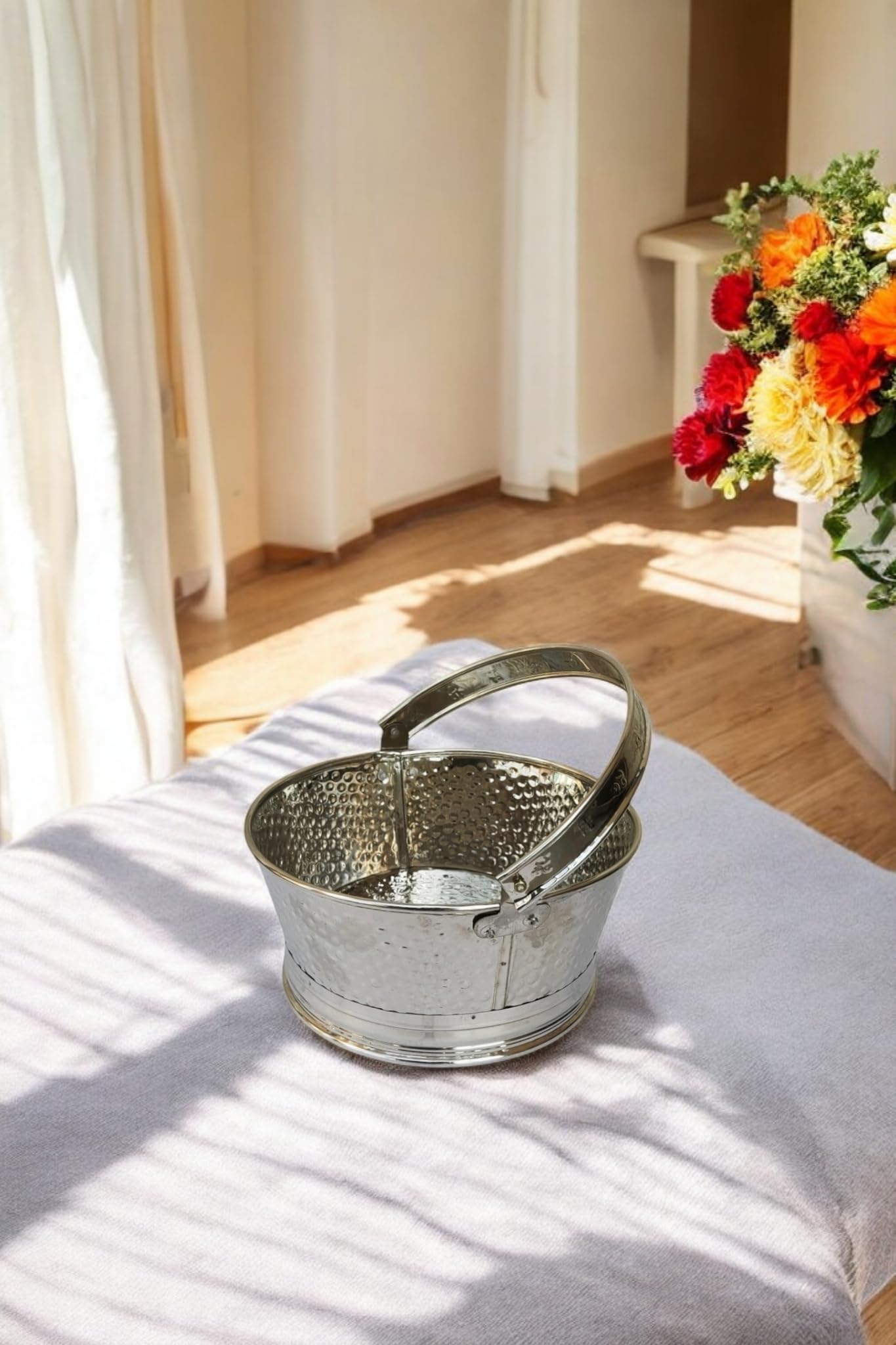 SHREE HARI HOME DECOR Puja Tokri Stainless Steel Traditional Pooja Basket for Flowers and Fruits - Round Shape With Handle for Mandir and Home (Small)-image-19