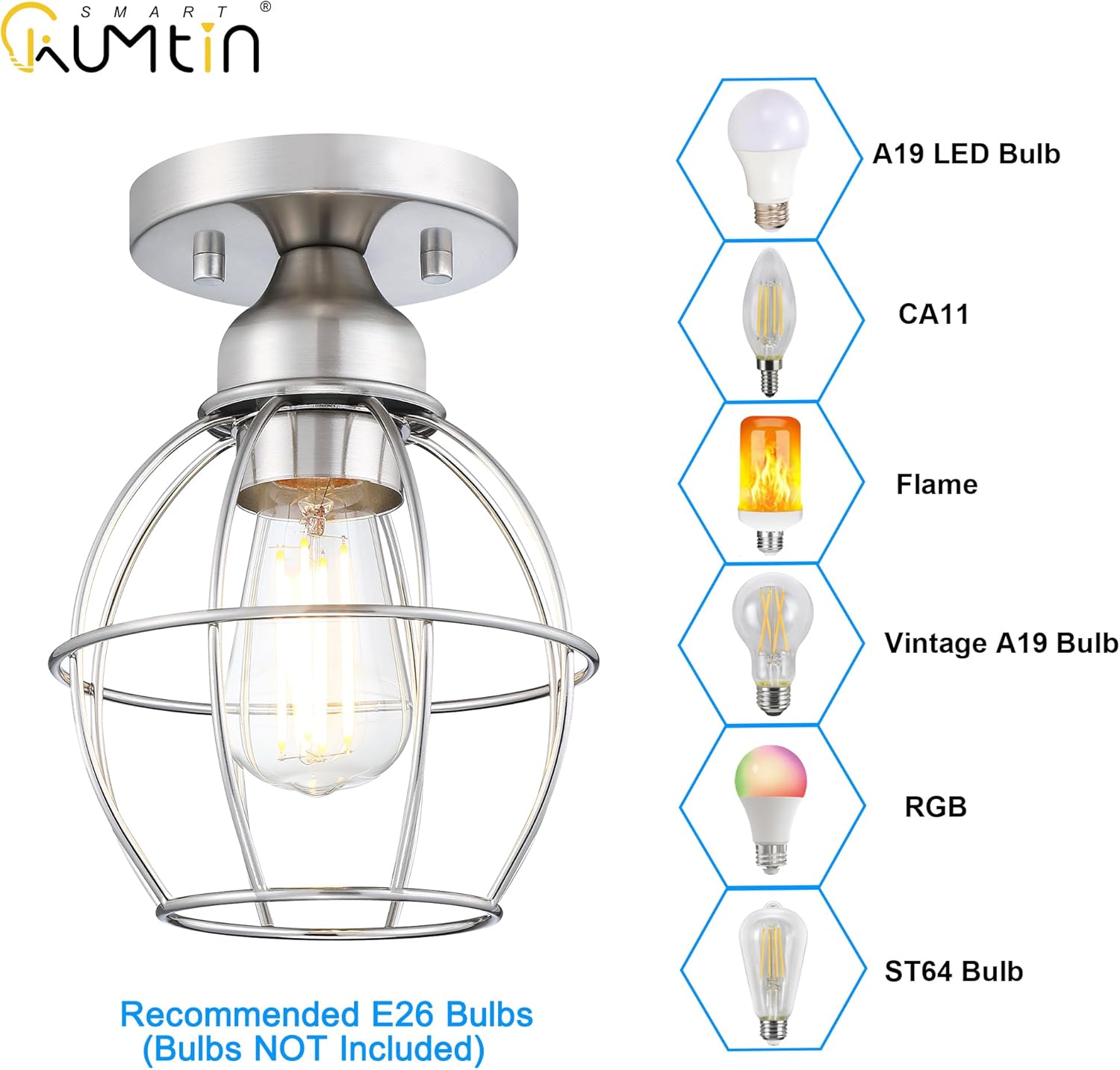 Farmhouse Ceiling Light Fixture, Vintage Semi Flush Mount Ceiling Light, Small Metal Cage Lighting Lamp for Hallway Entryway Kitchen Porch, Nickel Finish, 2-Pack