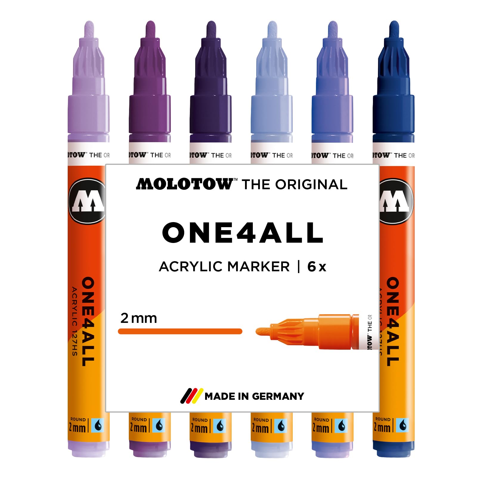 Molotow One4All 127HS Acrylic Marker Violet Set (2.0 mm Line Width, High Coverage and Permanent, Quick Drying, Refillable, for Almost All Surfaces) Pack of 6 Assorted