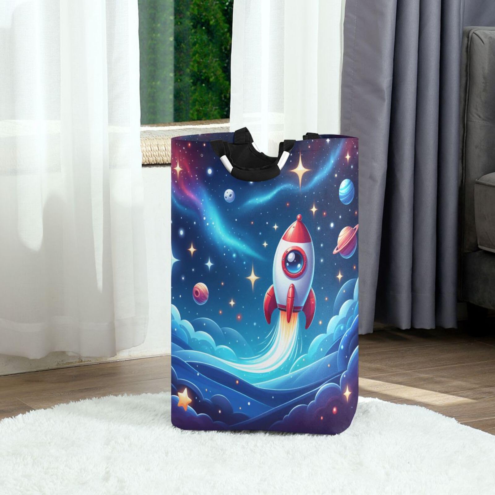 Jihqo Laundry Hamper Basket Blue Space Rocket Collapsible Nursery Storage Bin Waterproof Clothing Baskets for Home Bedroom Bathroom Washing Room