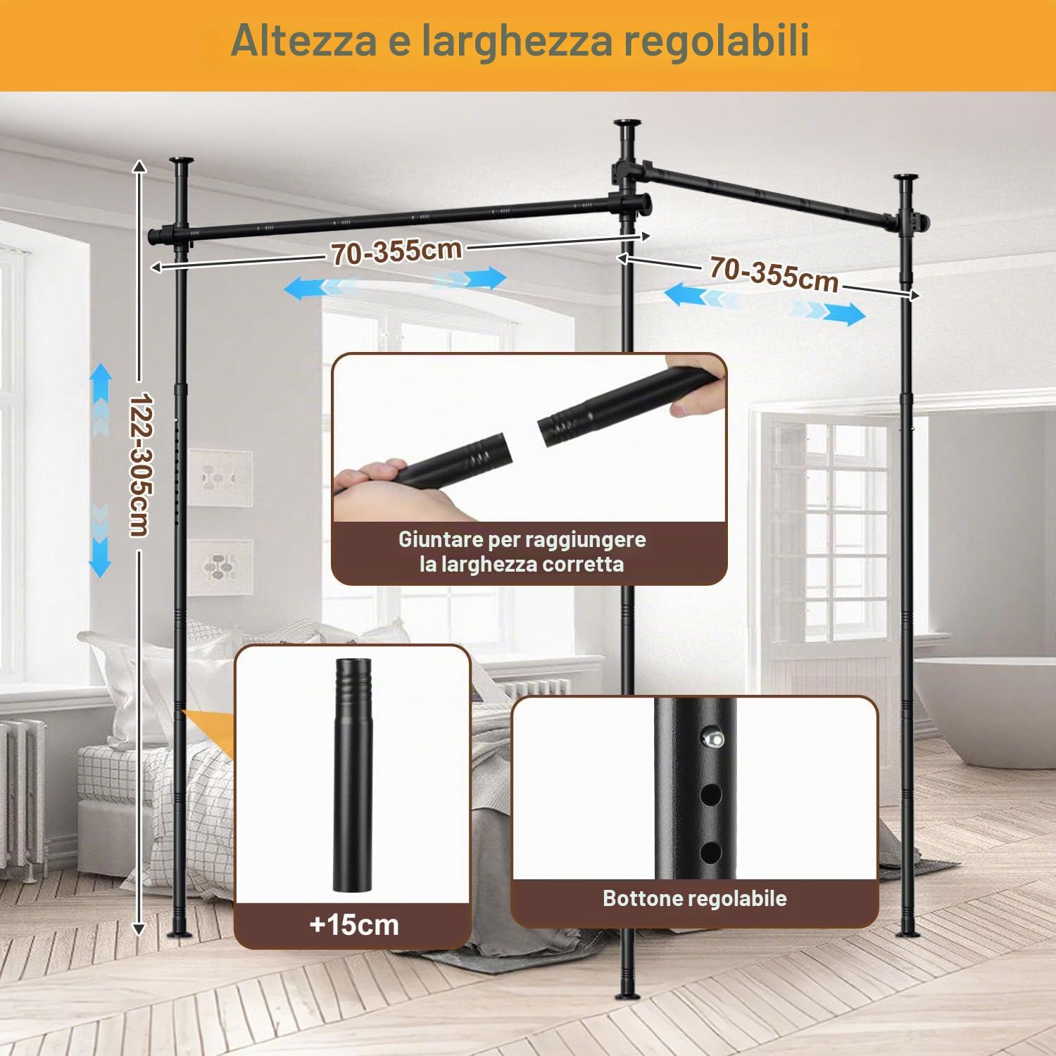 Divisorio senza foratura, asta per tende extra larga come paravento, divisorio indipendente senza tenda, larghezza 70-355 cm x altezza 122-305 cm, frangivista per soggiorno, camera da letto, ufficio
