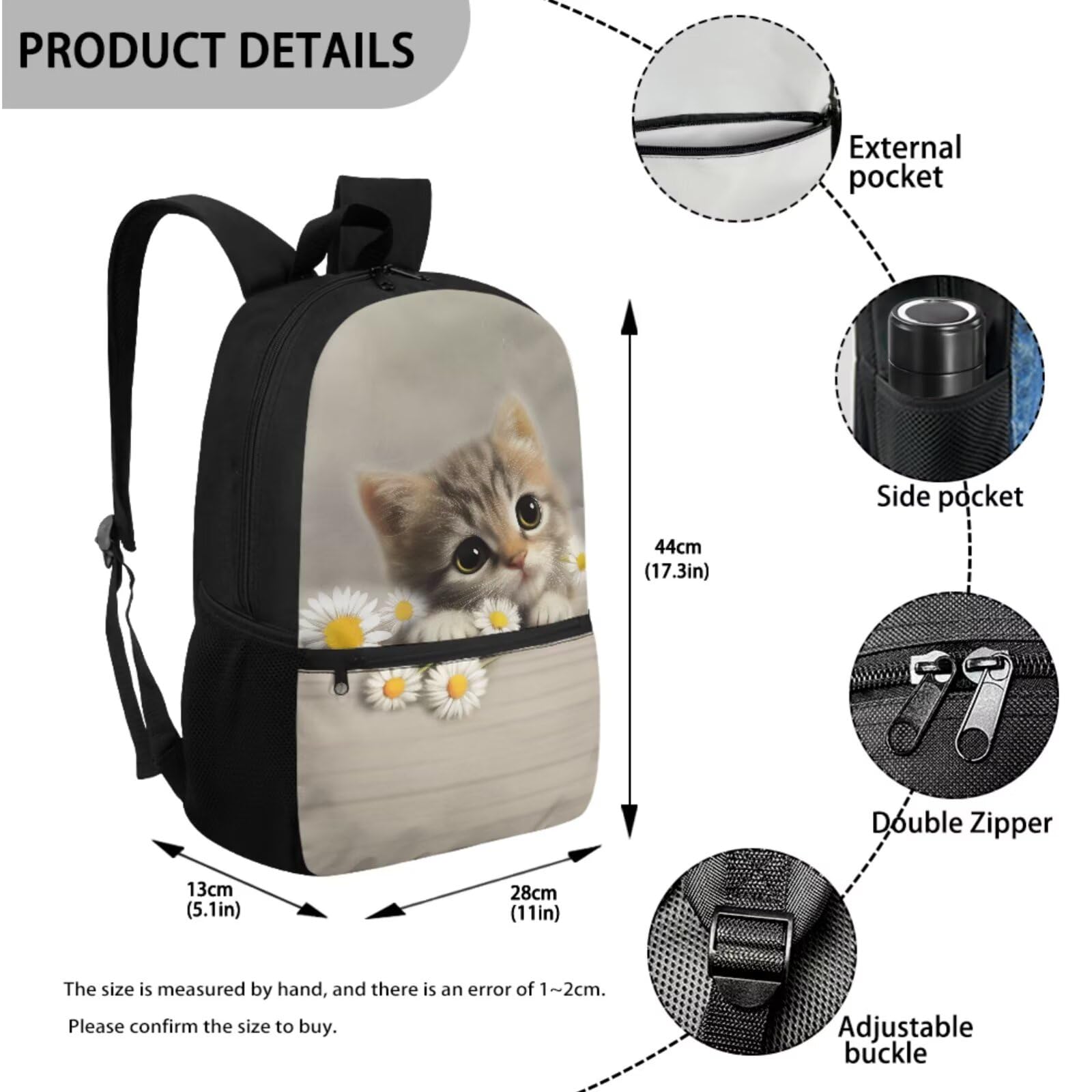 Set di zaino per la scuola per bambini, per ragazzi e ragazze, borsa portapranzo, astuccio, confezione da, Gatto Daisy Grigio