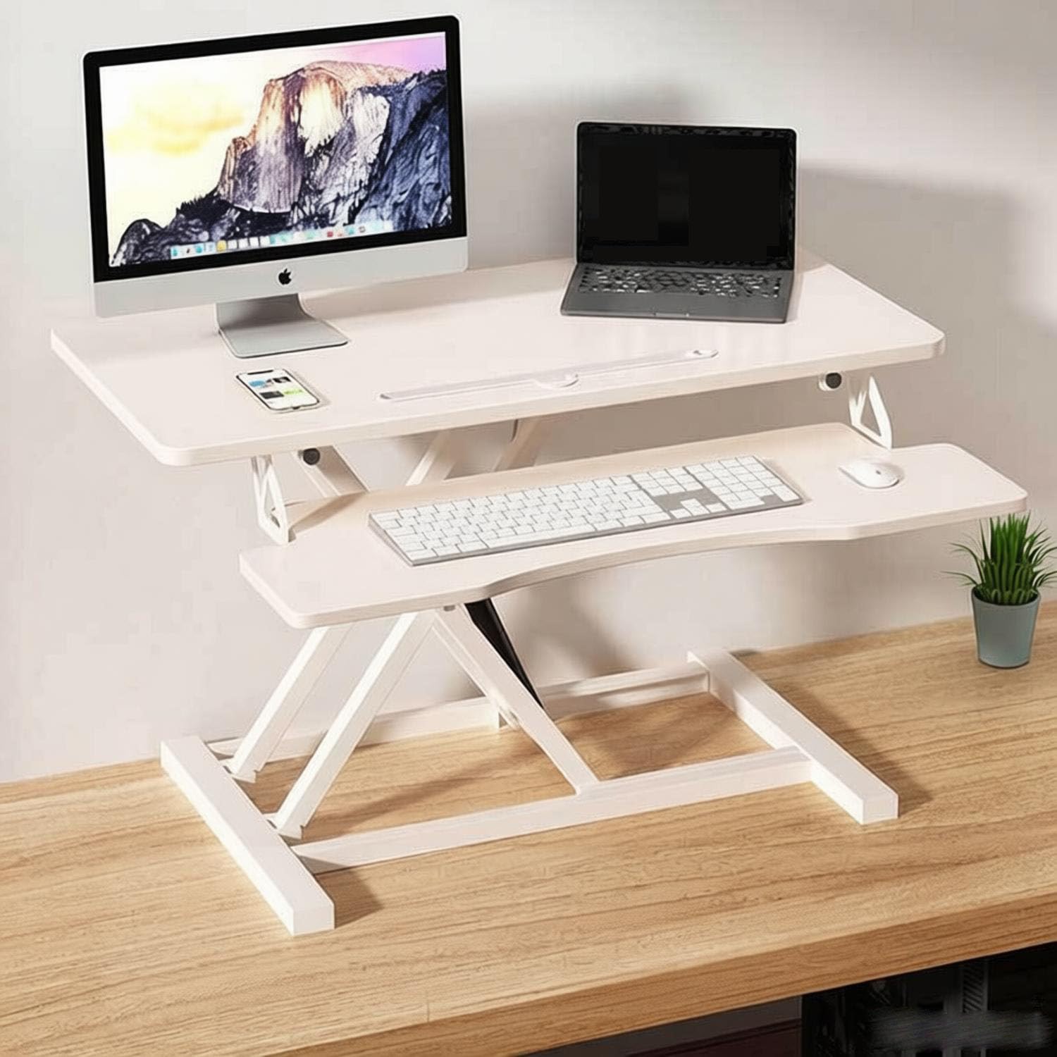Convertisseur de bureau debout ergonomique réglable en hauteur, 91,4 cm, rehausseur de bureau pneumatique avec large plateau pour clavier, blanc