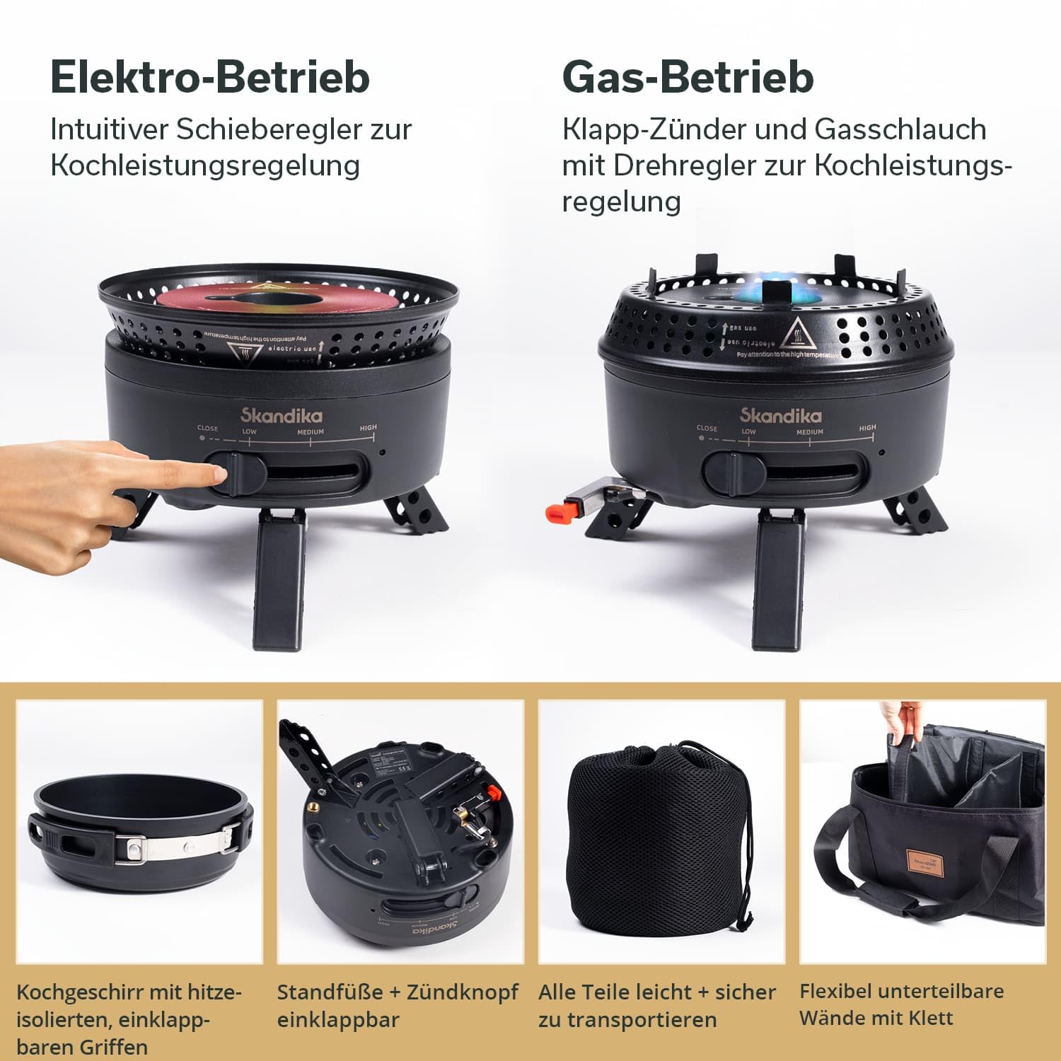 Skandika Fornello da campeggio Rask | Fornello da campeggio ibrido, 2 in 1, funzionamento a elettricità o gas, accensione piezoelettrica, con utensili da cucina (Set con base e borsa | nero)