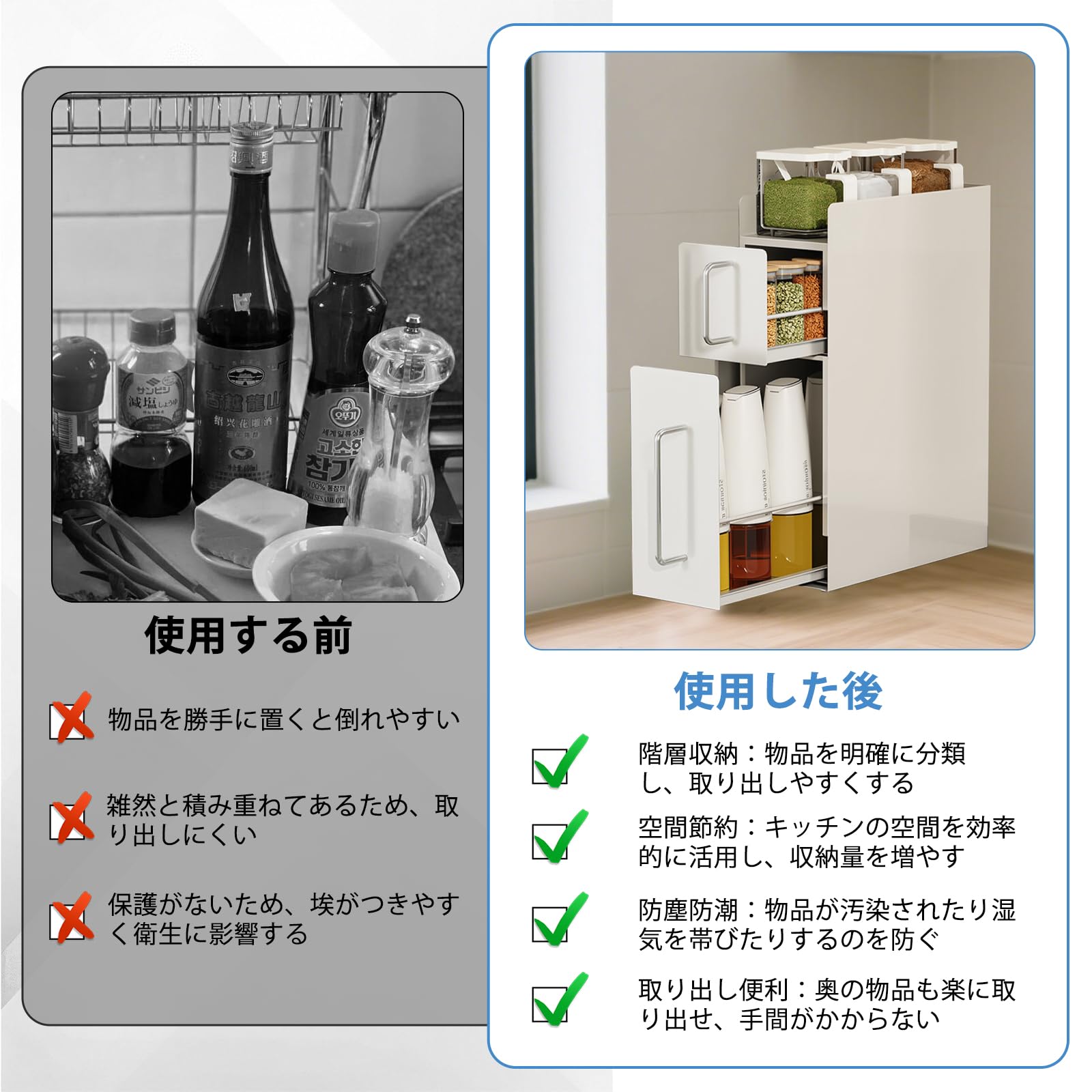 Amazon｜[PureKone]隠せる調味料ラック 2段 調味料 収納 台所用