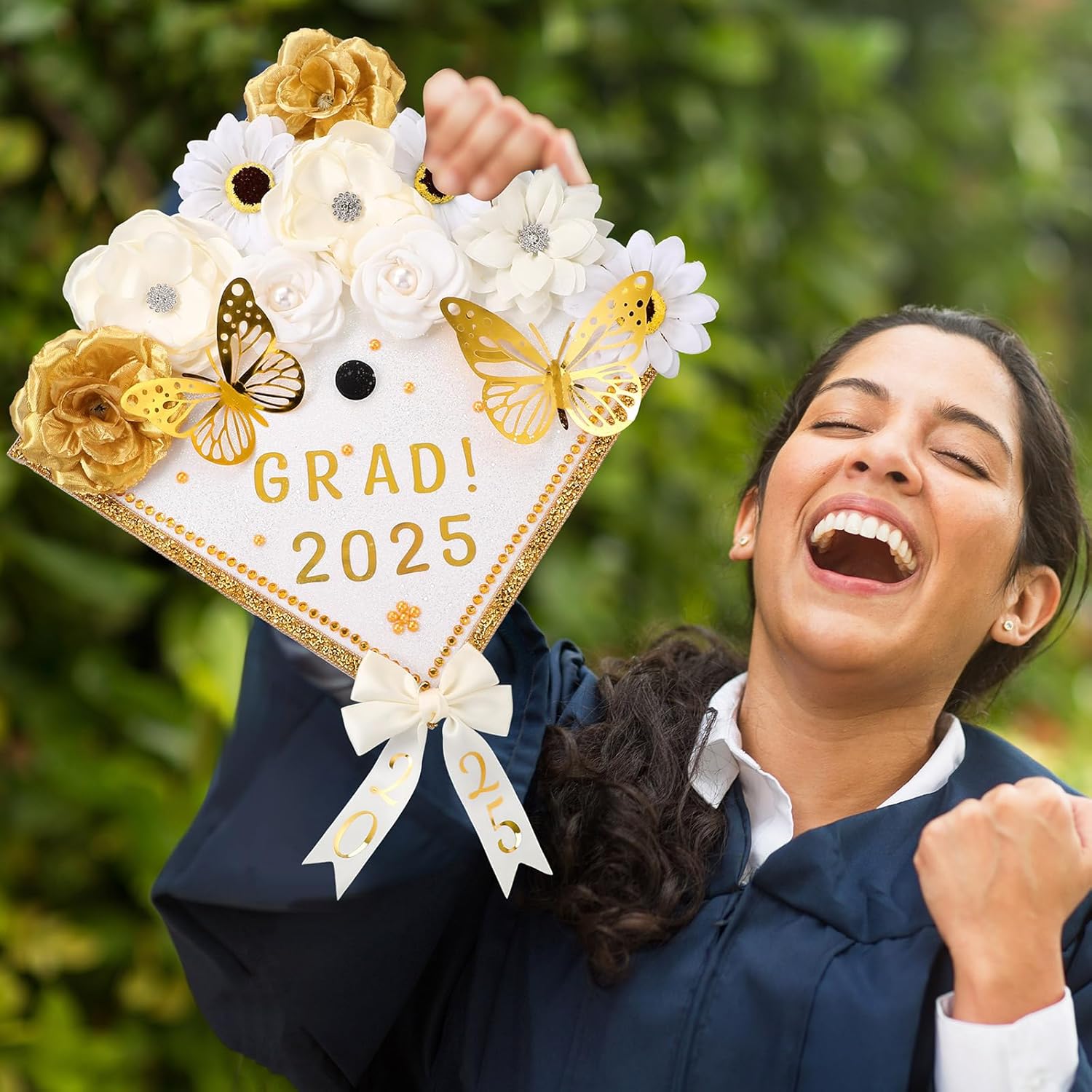Wavwavw 63 Pcs DIY Graduation Cap Decorations Kit Include Faux Flowers 3D Butterfly Bow Self Adhesive Rhinestones and Alphabet Letter Stickers for 2026 Grad Cap Topper Decor Graduation Party(White)