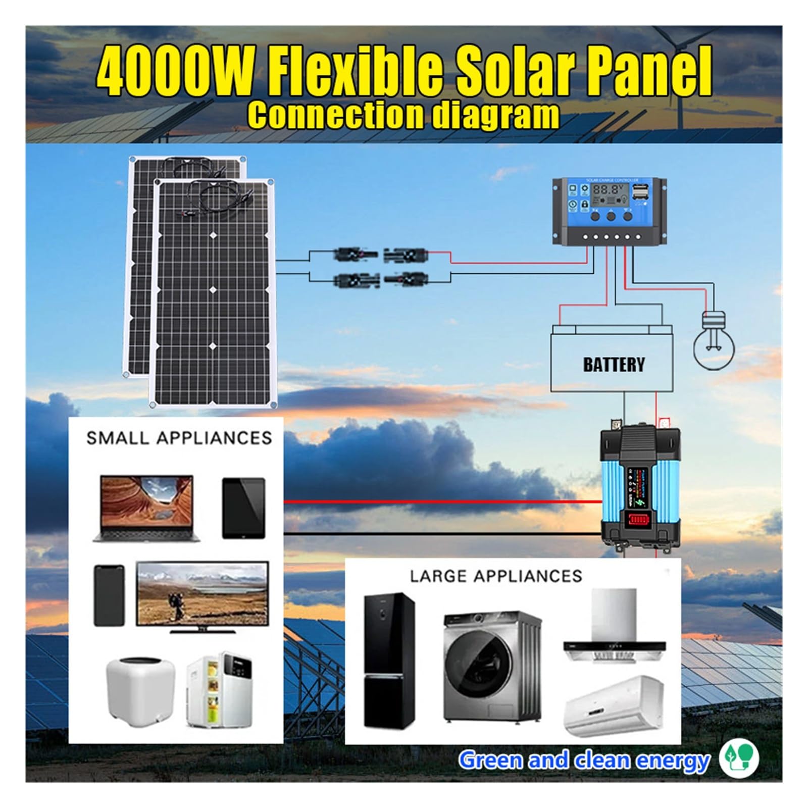 Kit solar de 6000 W: paneles solares flexibles + inversor inteligente de 12 V y doble voltaje (110 V/220 V) - Listo for el hogar/camping(220V 6000W kit)