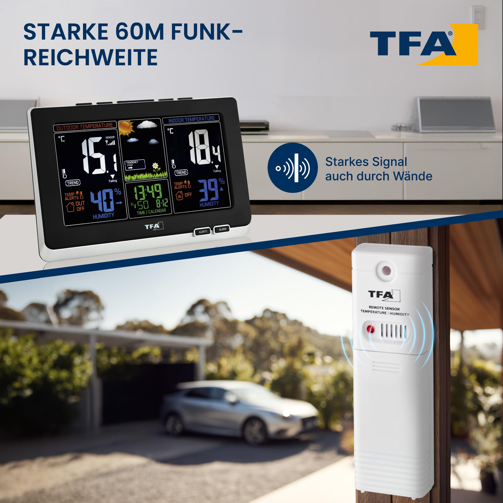 TFA Dostmann Spring Wetterstation, für Innen und Außen, Funk Außensensor misst Luftfeuchtigkeit, Taupunkt, inkl Funkuhr und farbig animiertes Display, L 210 x B 26 (60) x H 140 mm