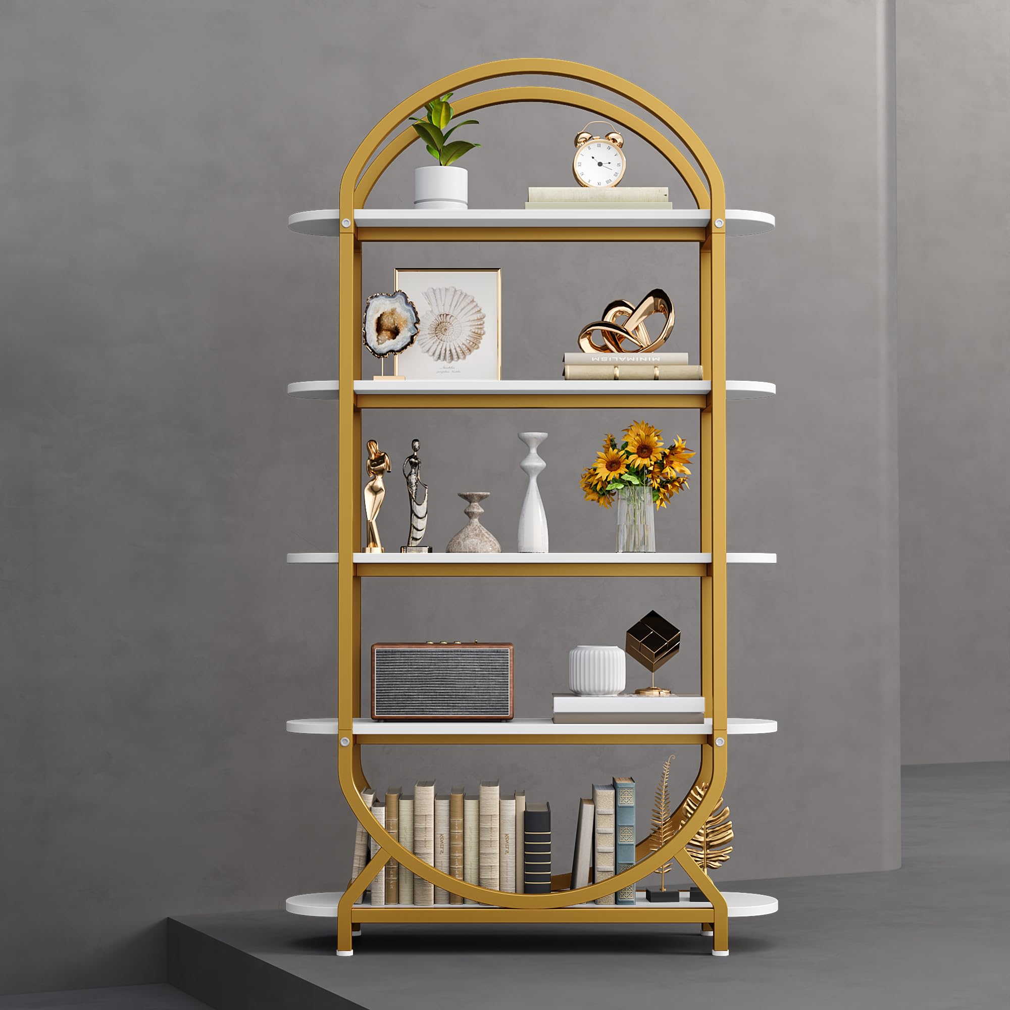 cointwo 5-Tier Arched Bookcase White Industrial Display Shelving Unit, Tall Freestanding Geometric Book Shelf with Sturdy Metal Frame & Particle Board for Home Office Bedroom Living Room — image 1
