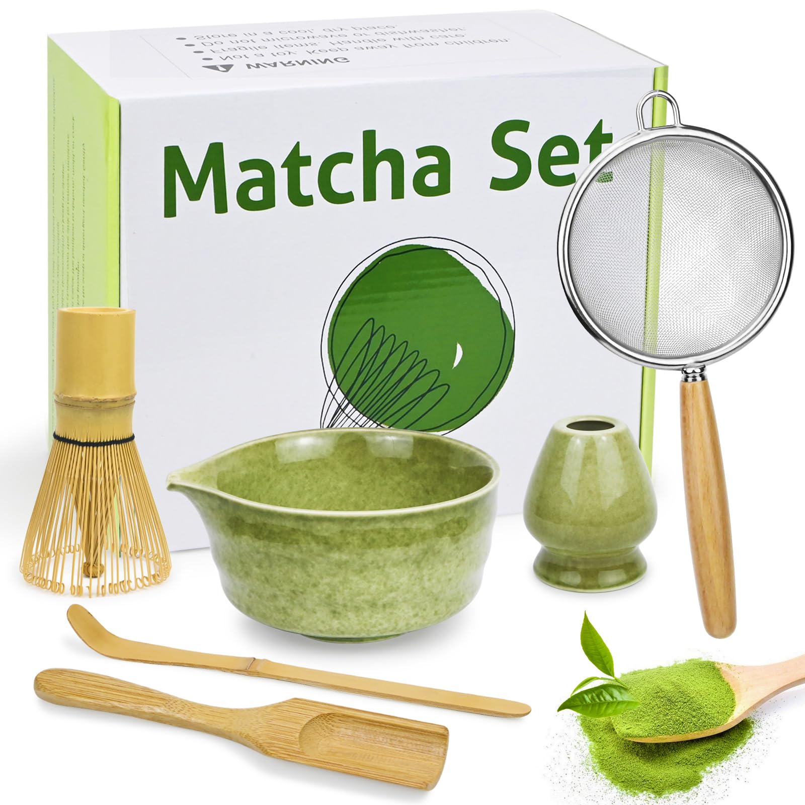 Jukibole Matcha Set 6-Teilig, Traditionelles Macha Tea Set mit Bambus Besen, Keramik Schale, Besenhalter, Löffel, Sieb, Matcha Tee Set Geschenk für Matcha-Liebhaber und Anfänger, Grün