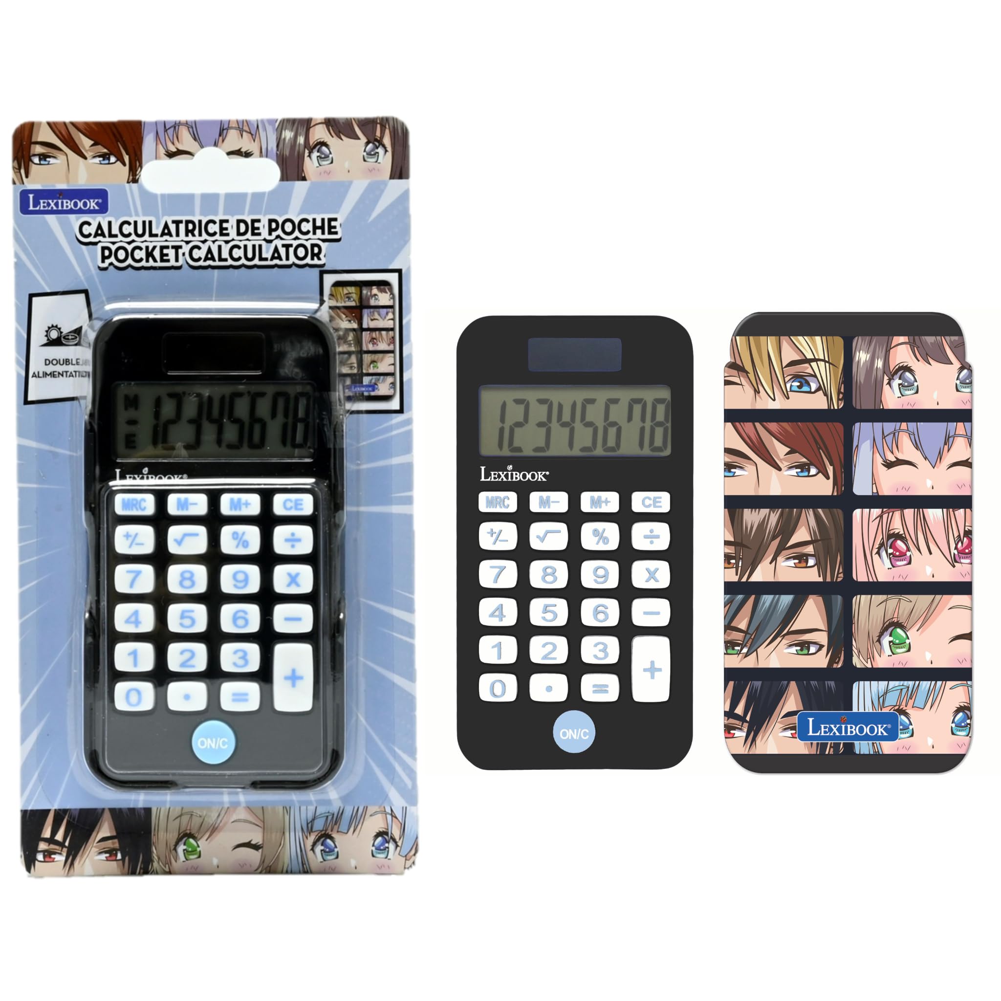 Lexibook, Manga, Pocket Calculator with Protection Cover, Conventional and Advanced Calculator Functions, battery and solar-powered, Black, C45MAN