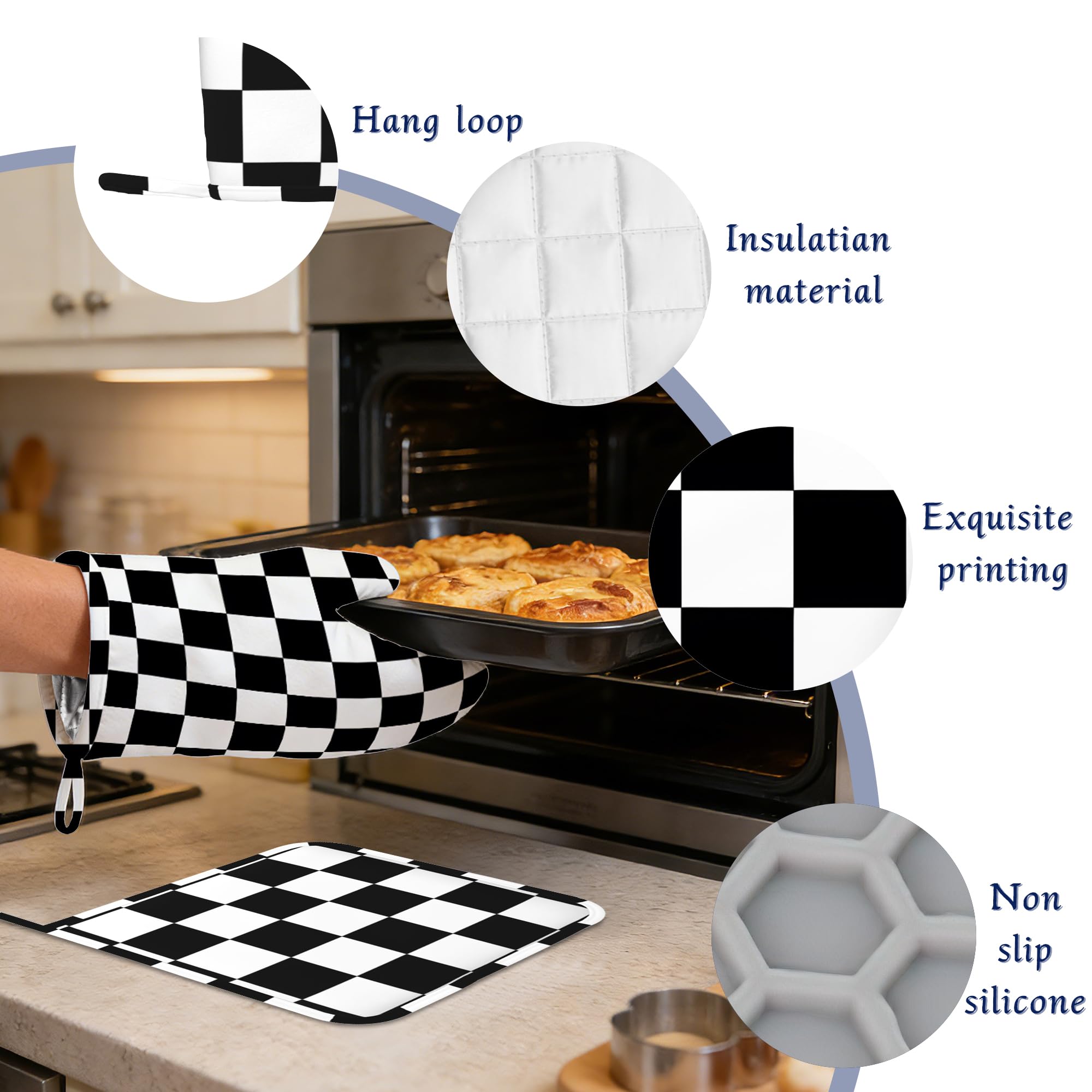 Ofenhandschuhe und Topflappen, Set mit 4 Stück, Büffelkaro, hitzebeständig, Silikon, Ofenhandschuhe, rutschfeste Küchenhandschuhe, Topflappen zum Kochen, Backen, Grillen, BBQ