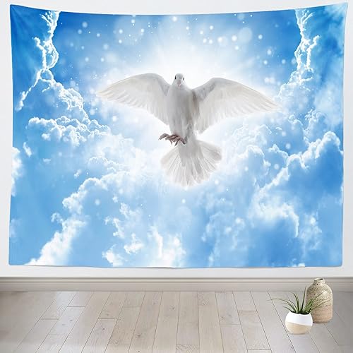 Miniatura 8 de Loccor Tapiz de Jesucristo con luz santa irradia, cielo azul, nubes blancas, palomas, para colgar en la pared, tapiz conmemorativo religioso,