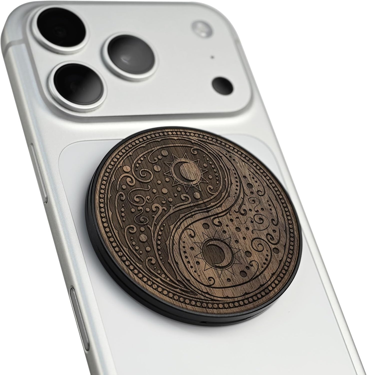 Carveit Wood Magnetic Phone Holder, (Yin Yang Paisley - Walnut)