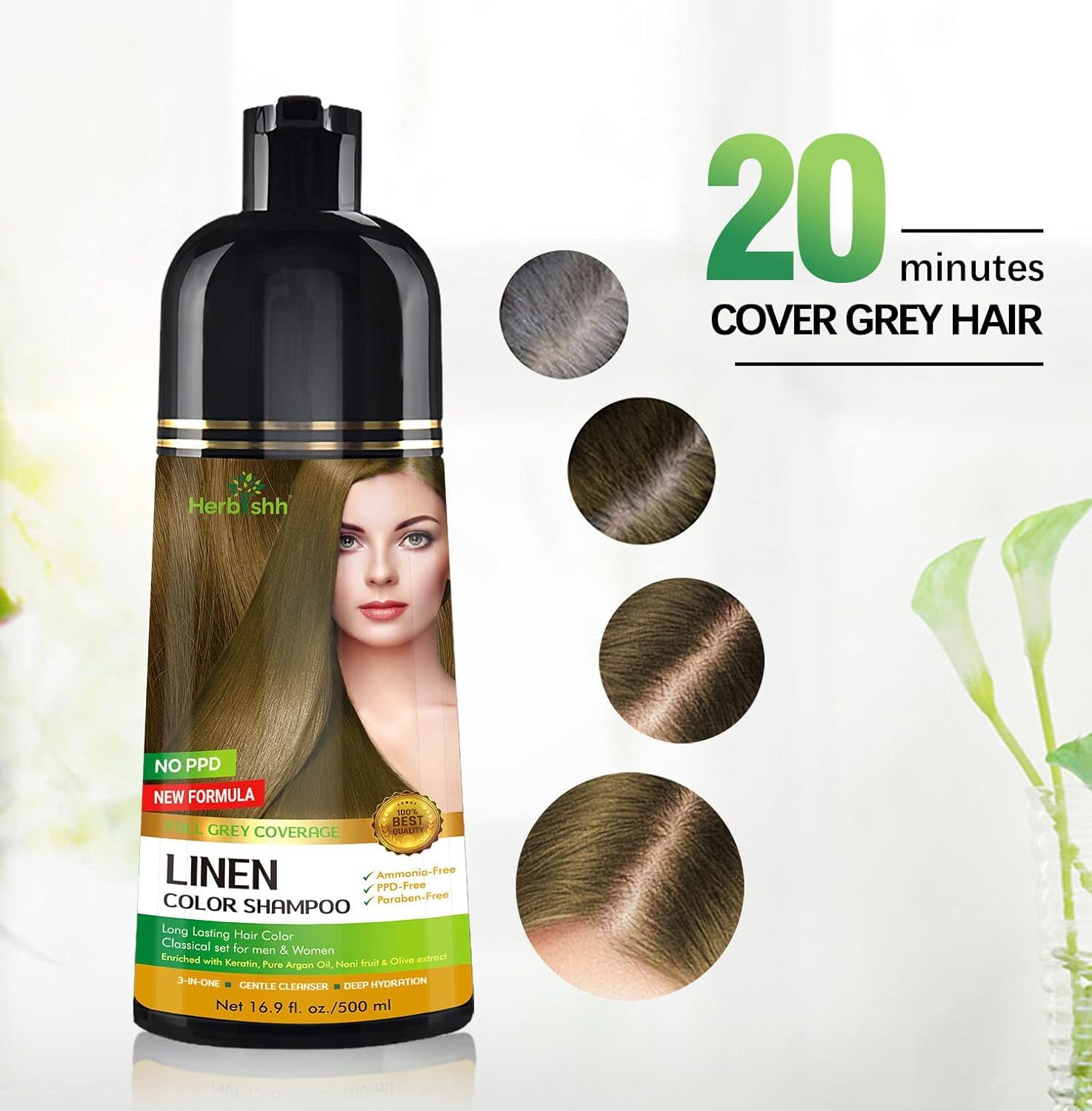 Herbishh Linen 3 in 1 Hair Dye Shampoo (Pack of 3)16.9 FL Oz Each and Pro Keratin Argan Oil Hair Mask 5.07 Fl Oz Combo for Dry Damaged Hair 150 ML - Long Lasting Grey Hair Color forMen & Women