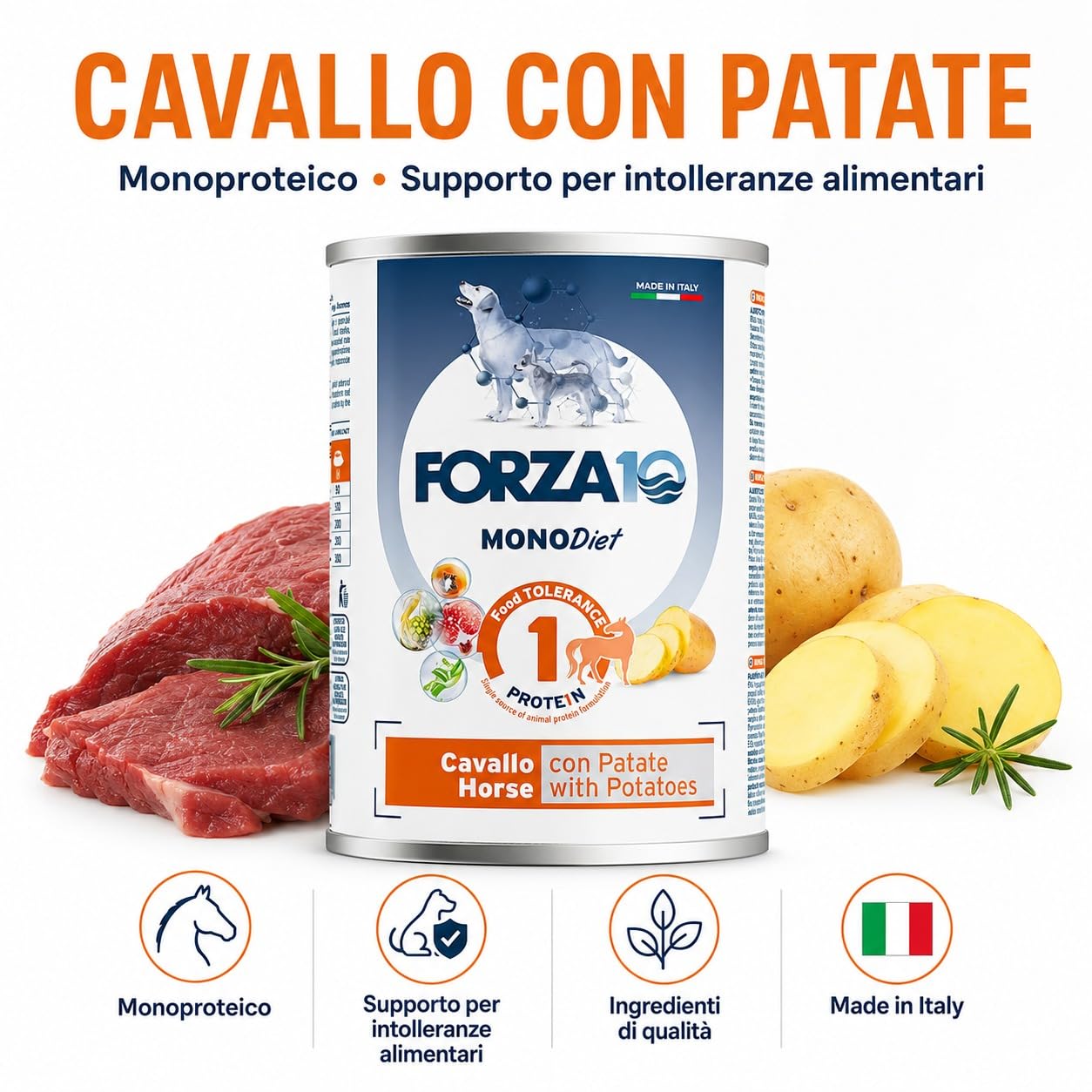 Cavallo con Patate – Forza10 Diet Cibo Umido per Cani Adulti di tutte le Taglie e Razze, Monoproteico, Intolleranze alimentari 12 Lattine x 400g, Alimento Completo.