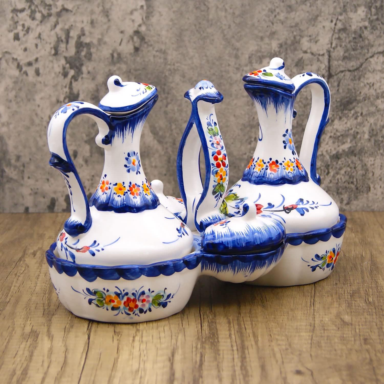 Faireal Portuguese Pottery Hand Painted Ceramic Olive Oil, Vinegar, Salt and Pepper Dispenser Cruet Set Blue White Green Red Yellow 10inch x 7inch x 7.5inch inches AVID 131 Hand Painted Cruet Set