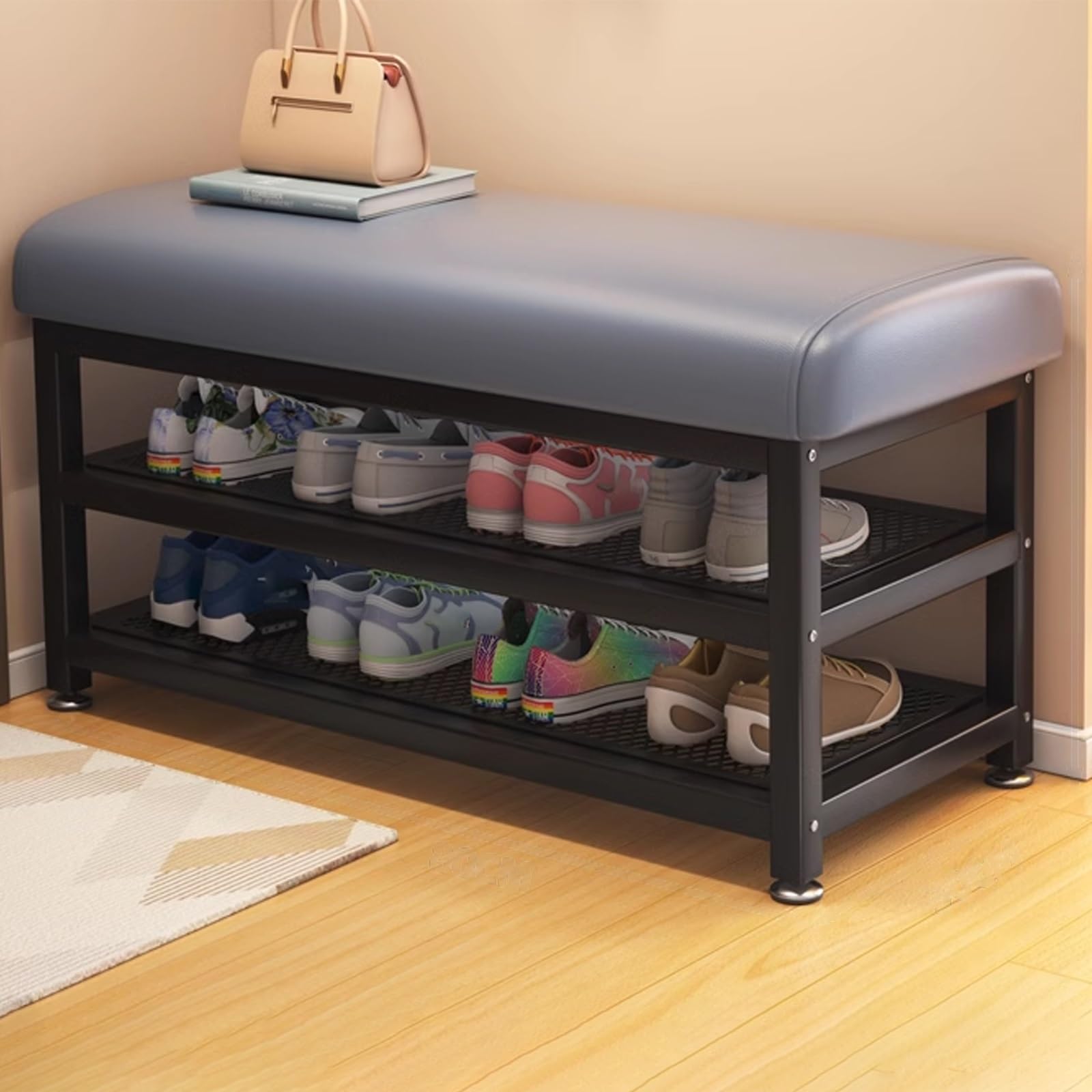Banc à chaussures d'entrée gris de 60 cm avec assise rembourrée confortable