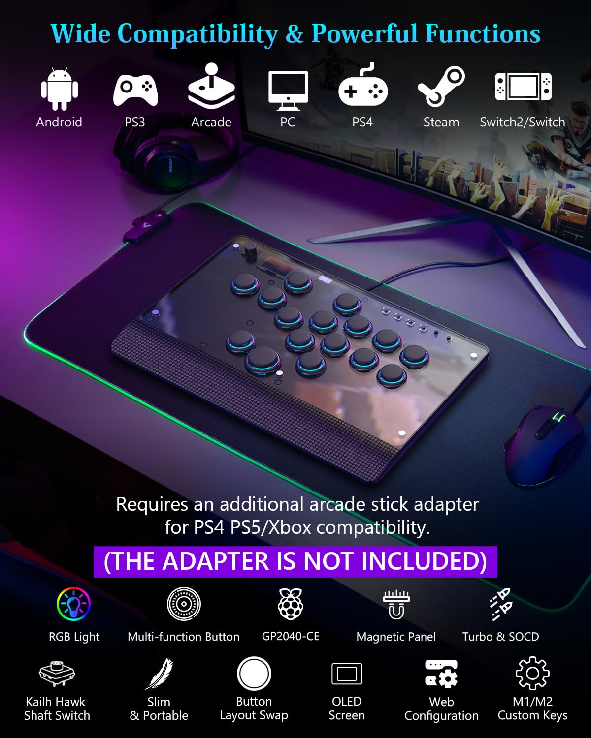 GM-16 Leverless Arcade Controller, All-Button Fight Stick per PS4/PS3/PC/Switch, Fight Stick per giochi di combattimento con funzioni RGB e Turbo personalizzate e Hot Swap