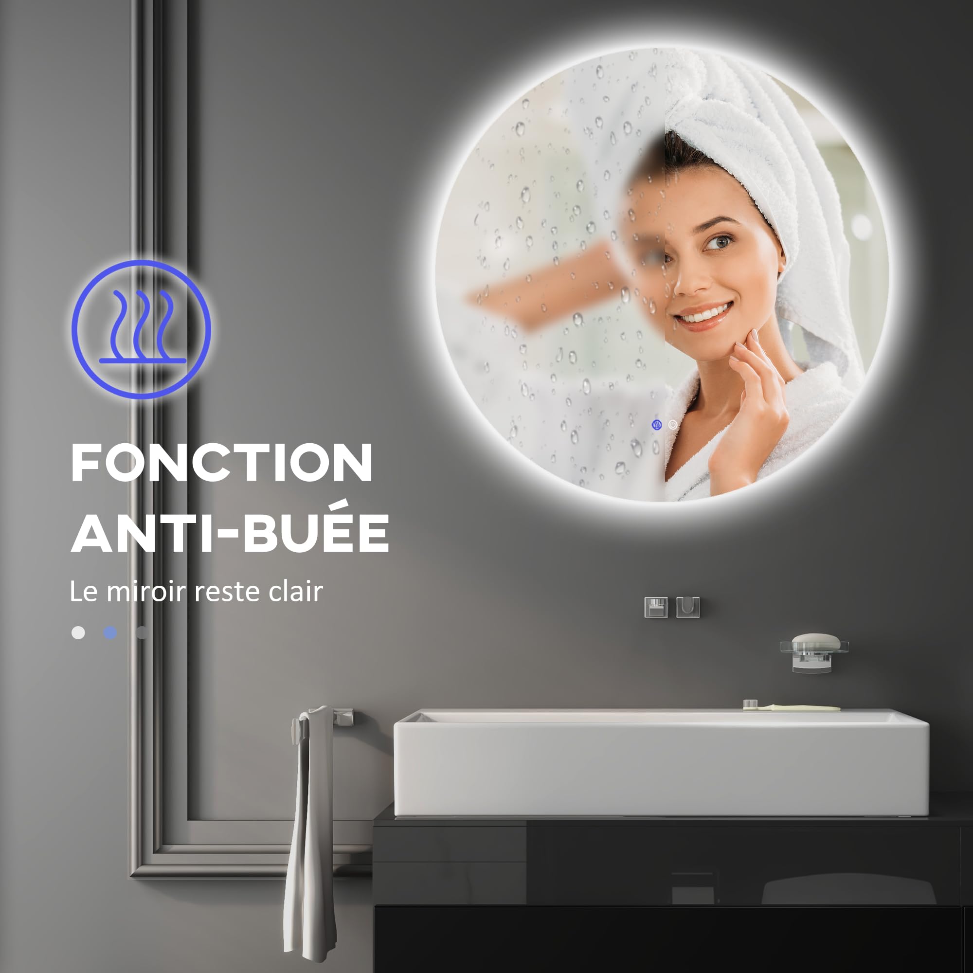 kleankin Miroir Rond Lumineux LED Miroir Mural de Salle de Bain 80 cm avec éclairage Interrupteur Tactile système antibuée luminosité réglable 20,5W+26W Blanc et Argent