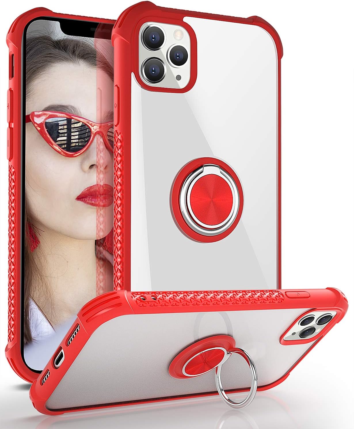 DAUPIN iPhone 11 Pro Max Case, iPhone 11 Pro Max Clear Case with 360 Rotatable Ring Kickstand Metal Car Mount Hard PC Air Cushion Protective Soft TPU Bumper Phone Cover for iPhone 11 Pro Max (Red)