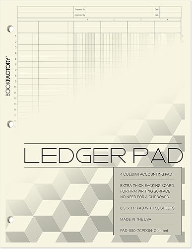 BookFactory Bloc de contabilidad  Bloc de contabilidad de 4 columnas para análisis de columnas  8.5 x 11 pulgadas, 50 páginas, formato vertical de