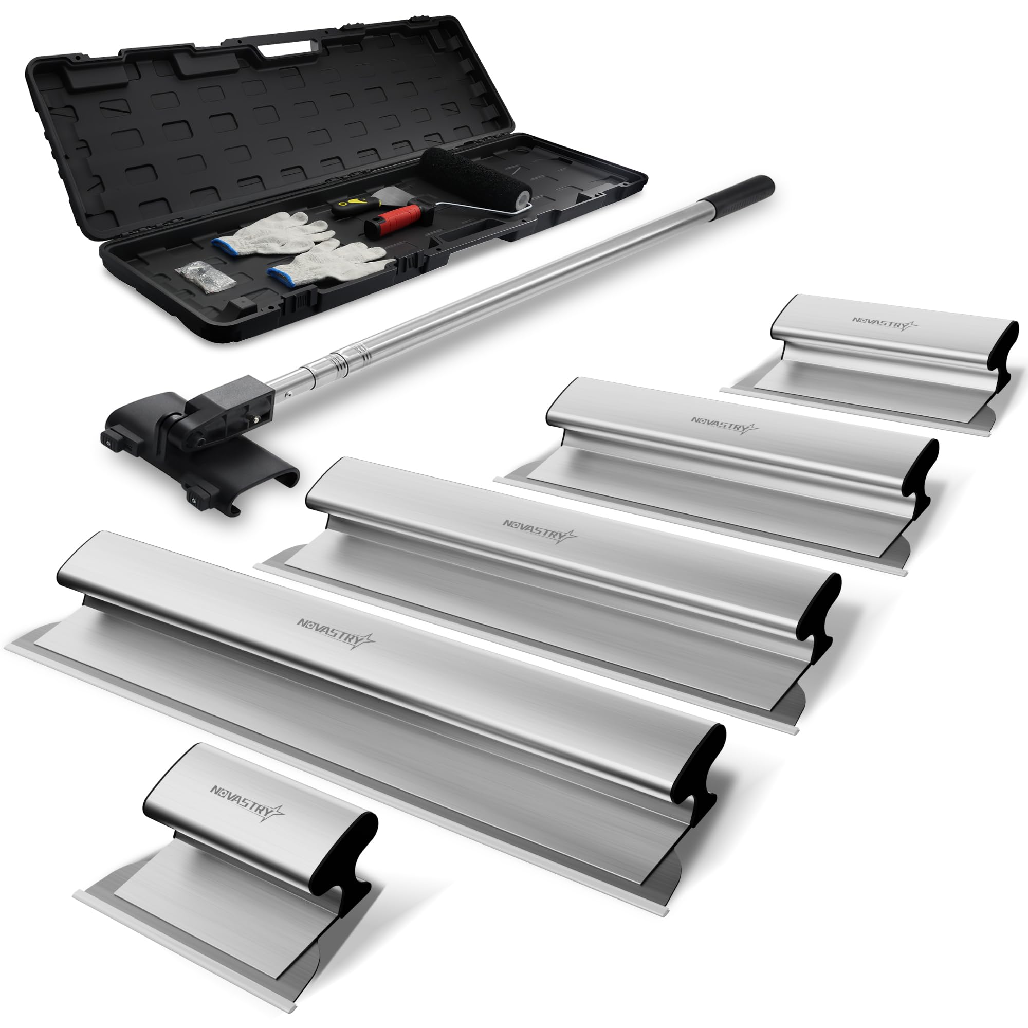 drywall skimming blade set, 12", 16", 24", 32" & 40" stainless steel blades, 34"-81" extension handle, roller & putty knife, professional wall finishing tools with portable case