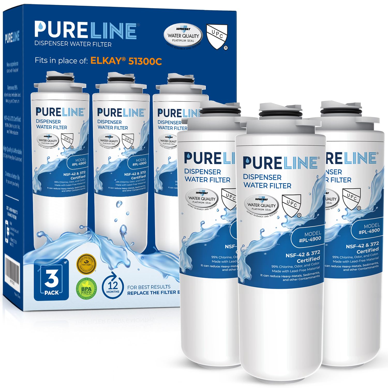 Pureline Filter Replacement for Elkay® 51300C, (NO CHIP) Compatible with Elkay® ezH2O and Halsey Taylor® Bottle Filling Station (3 Pack)