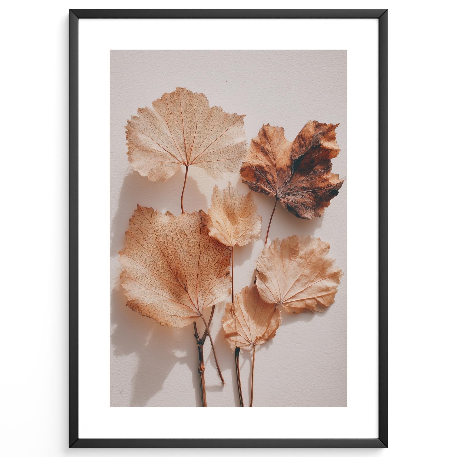 MJ-GRAPHICS® Herbstblätter Poster Wandbild Natur Fine Art Boho Skandi Stil Deko für Flur oder Wohnzimmer – A2 Poster mit Rahmen Holz Natur