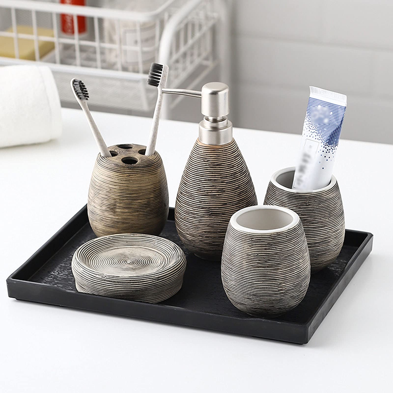 Bad Accessoire Set 6-Teilig Keramik Design,Badezimmer Deko Set Badezimmer Seifenspender Zahnpflege Zubehör Set Bad-Zubehör Geschenk,Beige