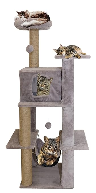 Mellifluous Fur Condo Activity Cat Tree - Natural Sisal Rope, Detachable, Multilevel, Hanging Hammock and Balls, Scratching Post for Cats and Kittens (Grey)