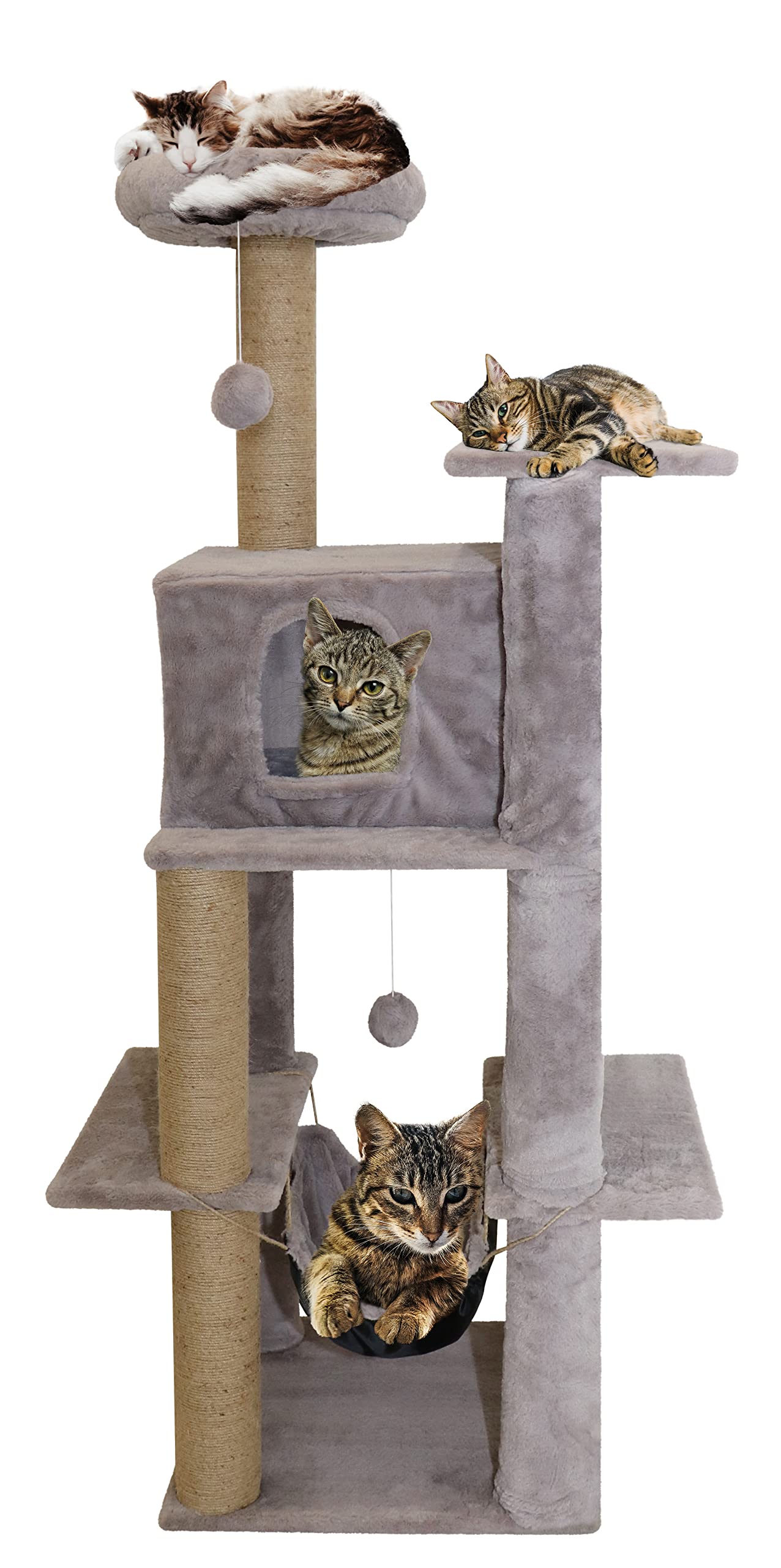 Mellifluous Fur Condo Activity Cat Tree - Natural Sisal Rope, Detachable, Multilevel, Hanging Hammock and Balls, Scratching Post for Cats and Kittens (Grey) (Height 55 Inch)