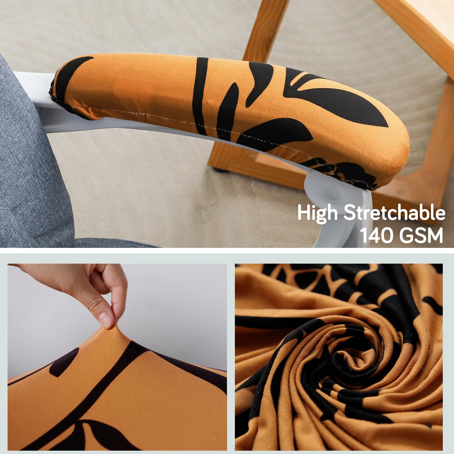 HOKIPO 'Elira Series' 140gsm Printed Armrest Covers for Office Chair (Elastic Style), 1 Pair, Copper Brown Floral (C8-AR5935) 3