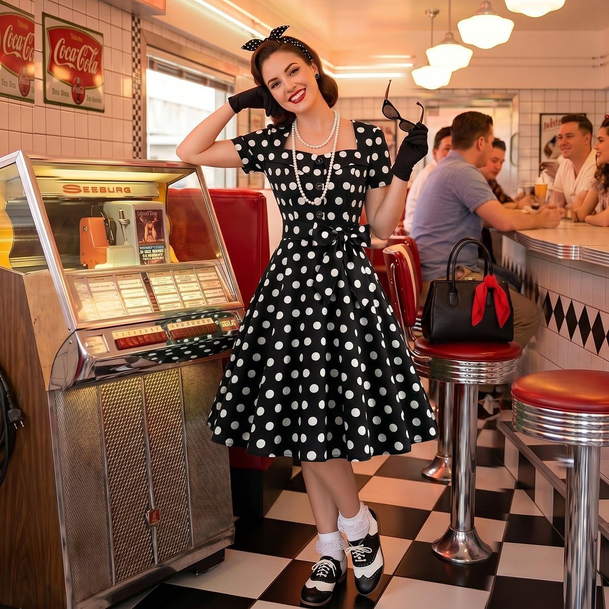 1950s Dresses for Women, 50s Vintage Polka Dot Rockabilly Swing Tea Party Dress Costume Set with Accessories