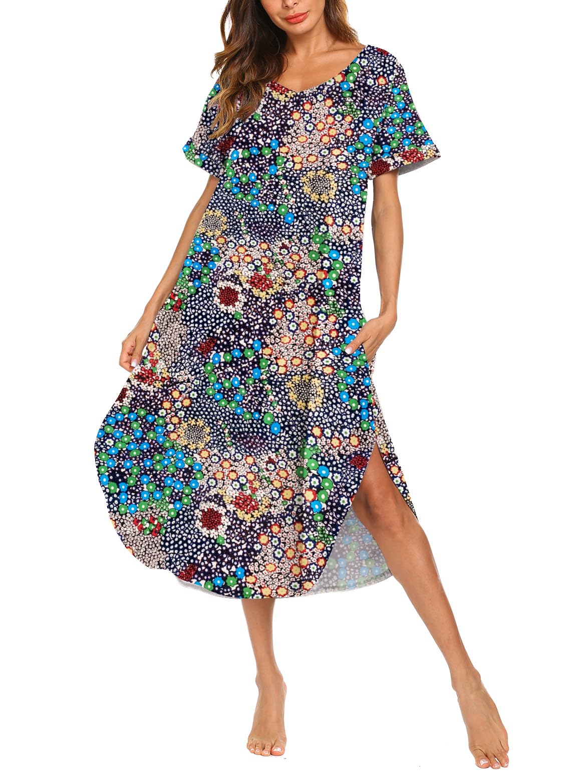 AVIIER Cotton Nightgowns for Women Short Sleeve House Dress Long Night Gown with Pockets S-XXL