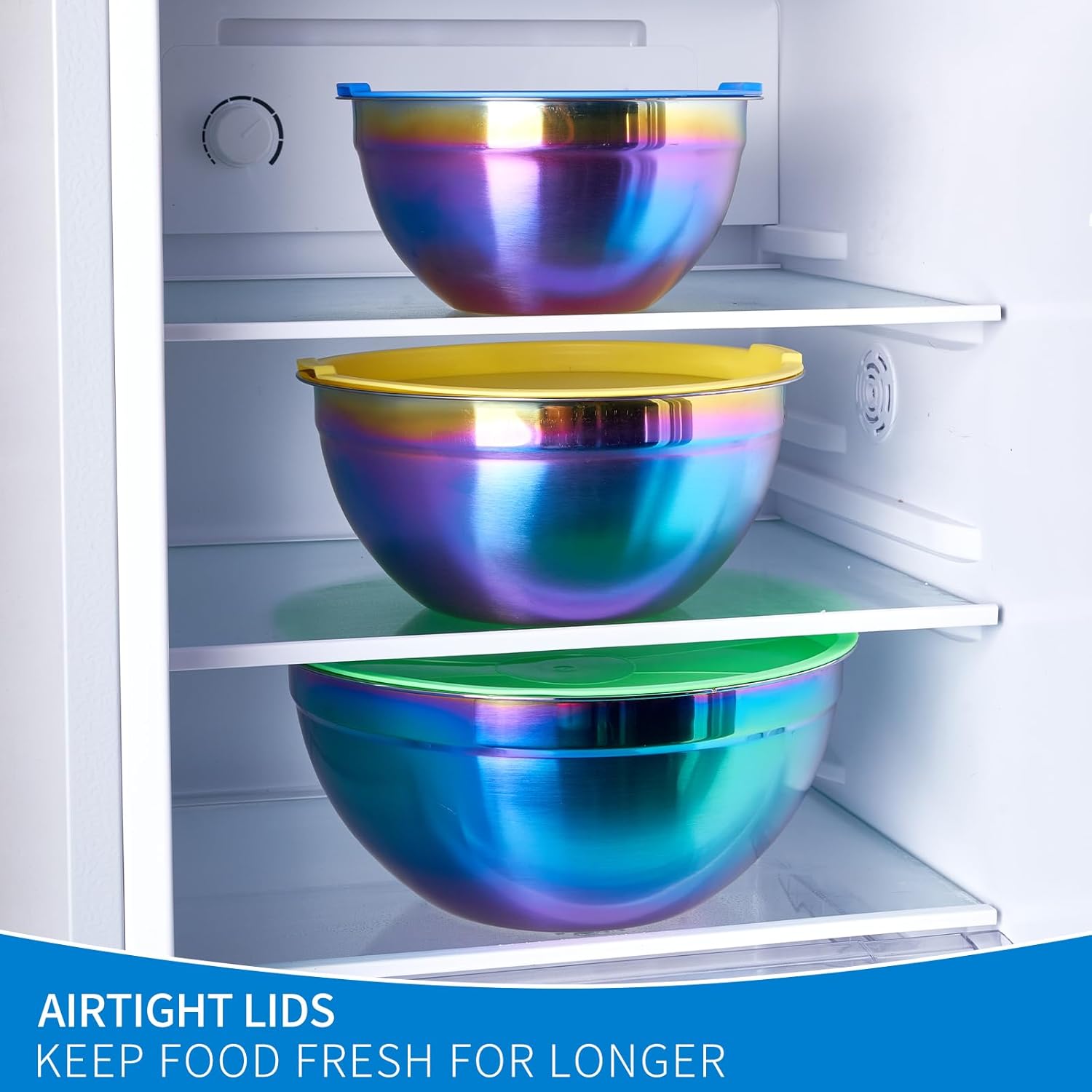 Rainbow Mixing Bowls With Airtight Lids,Stainless Steel Bowl,Salad Bowls 4 Piece Colorful Nesting Bowl Rainbow Kitchen Accessories,Size 5.5,3.6,2.1,1.5 QT Stackable Design