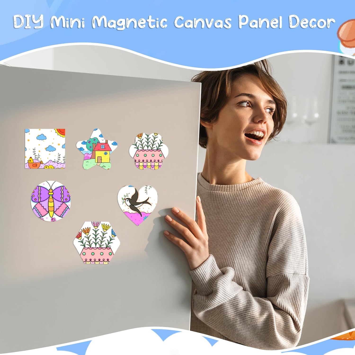 60 Pcs Magnetic Canvas Panel Mini Canvas Boards for Painting 3 Inch Small Canvases Bulk Mini Canvases DIY Decorative Magnets Painting Crafts for Fridge Locker Home Office Decor (Mixed Styles) - Image 4