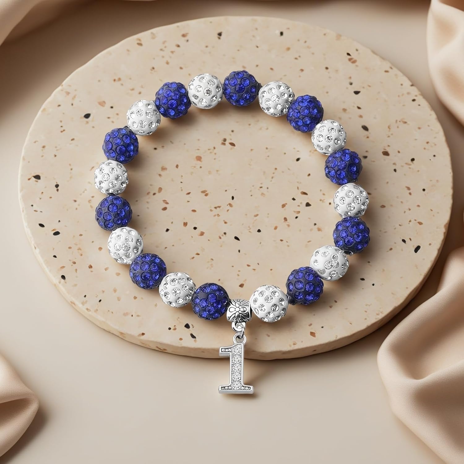 Beaded Stretch Bracelets for Men Women, Crystal Rhinestone Bracelet with Number Charm, Sports Fan Sorority Jewelry Gift, Blue & White
