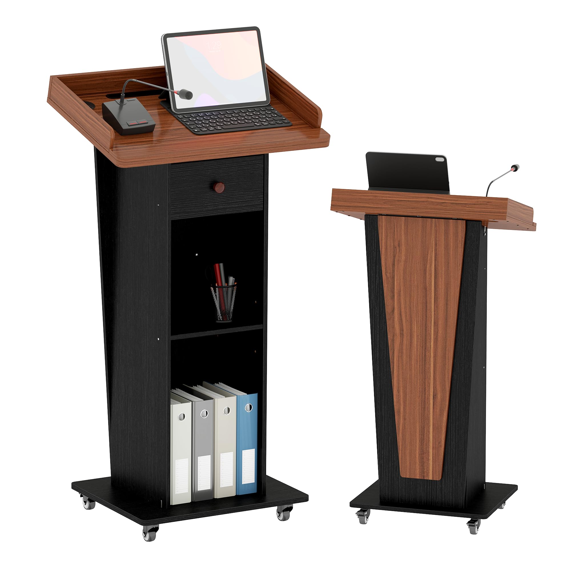 Suuiwau Tilted Podium Stand with Wheels, Drawer & Cable Hole for Mics