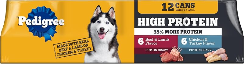Pedigree Paquete de cortes ricos en proteínas en salsa, alimento húmedo para perros, 13.2 oz, 12 unidades | Carne de res, cordero, pollo y pavo, carne real cocida a fuego lento, más de 40 g de proteína por lata, sirve como aderezo o comida completa, comida enlatada para perros