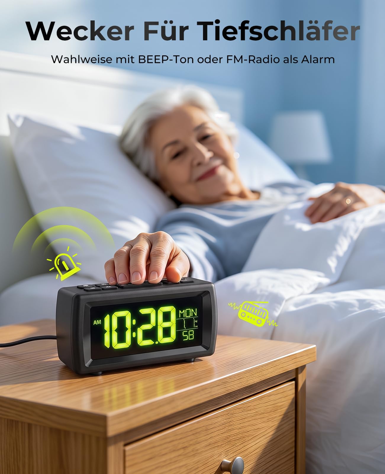 Digitaler Radiowecker, Wecker Radio mit 7-farbige Ziffernanzeige, Einstellbarer Helligkeit und Weckton, Für Tiefschläfer, Sleep Timer & Schlummerfunktion (Schwarz)