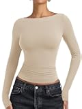 Womens Boat Neck Basic Long Sleeve Tops Slim Fit Business Casual Going Out Top