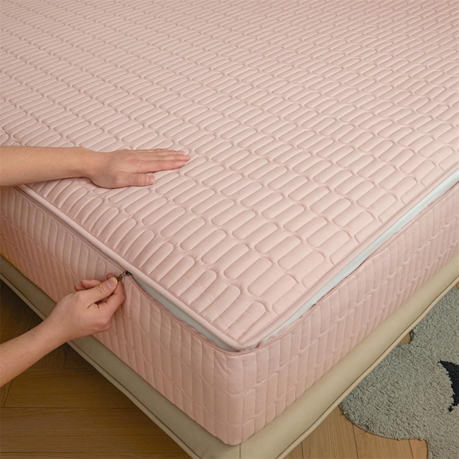 DSSHENGDS Customizable Up Bed Sheets ，Breathable Mattress Encasement Topper ，Premium Zipped Dustproof Mattress Protector ，All Round Protection Mattress Cover-pink- 70x190+10cm