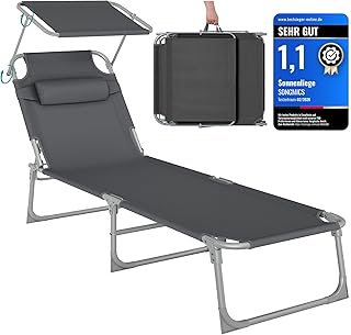 SONGMICS Sonnenliege, klappbarer Liegestuhl, 193 x 53 x 29 cm, trägt bis zu 150 kg, Sonnenschutz, Kopfkissen, verstellbare Rückenlehne, für Garten, Pool, Terrasse, dunkelgrau GCB19UV1