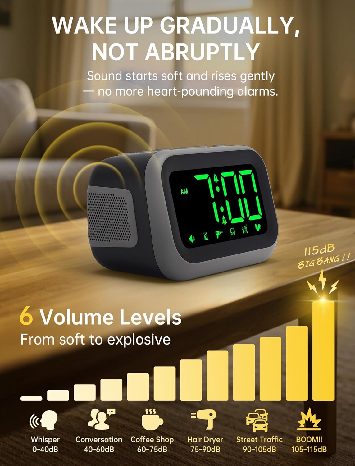 Acedeck L01 alarm clock showing 6 volume levels from soft to explosive